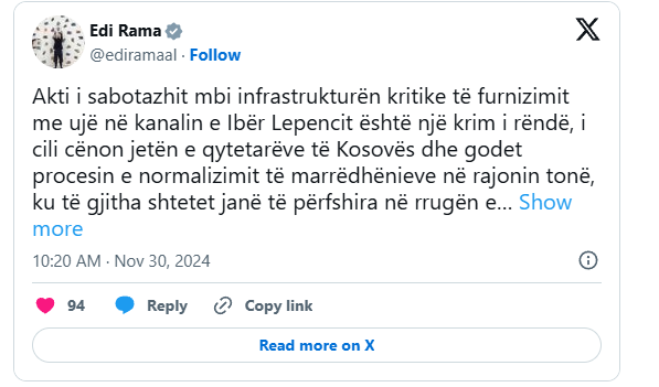 Shpërthimi në kanalin Ibër-Lepenc, Rama: “Akt sabotazhi që godet infrastrukturën kritike dhe stabilitetin rajonal”