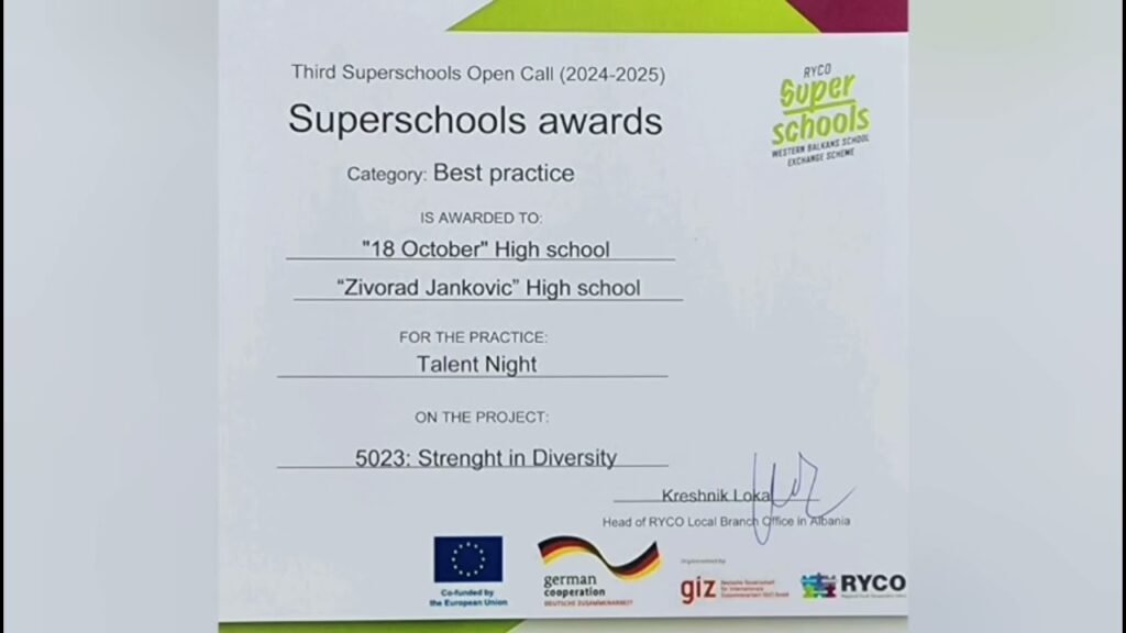 Gjimnazi 18 Tetori në Lushnje u shpall fitues i çmimit “Best practice”