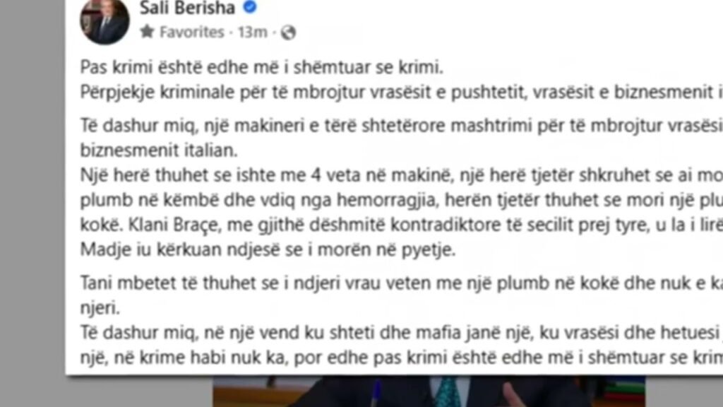 Kryedemokrati Sali Berisha ka reaguar sërish lidhue me vrasjen e biznesmenit italian