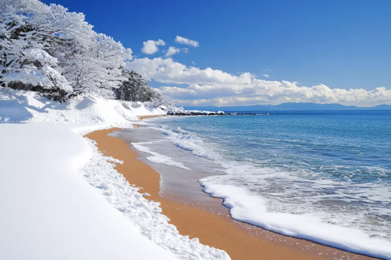 Plazhi Shirahama, Hokkaido, Japoni, një nga të paktat vende në botë ku bora, rëra dhe deti takohen duke formuar një peizazh epik.